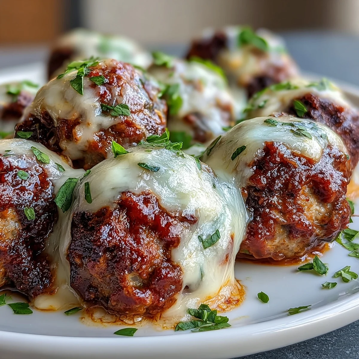 Baked Spicy Chicken Parm Meatballs bubble in marinara with melted mozzarella in a white baking dish.