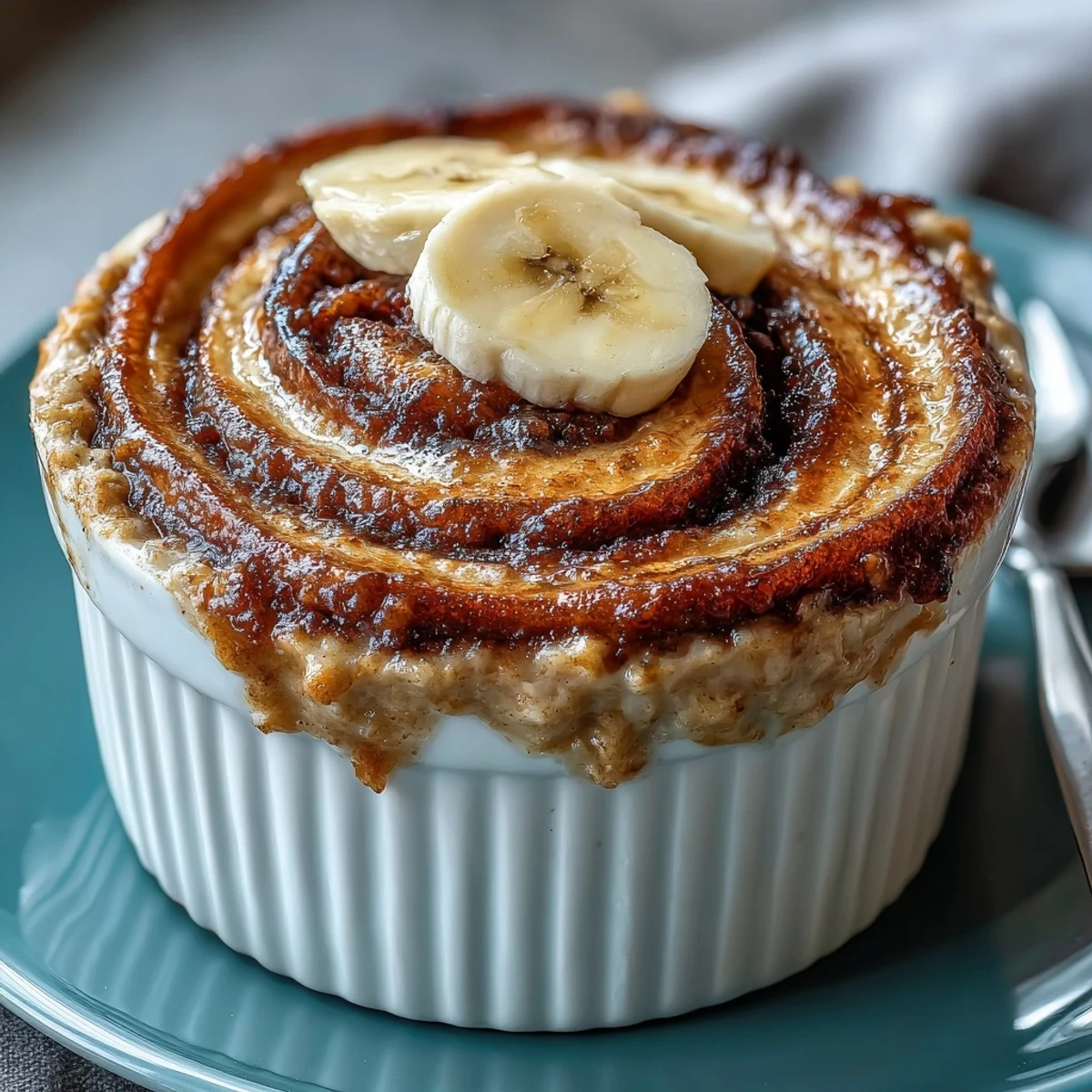 A nourishing Cinnamon Swirl Protein Banana Baked Oats dish, finished with a dollop of Greek yogurt and a drizzle of almond butter for serving.