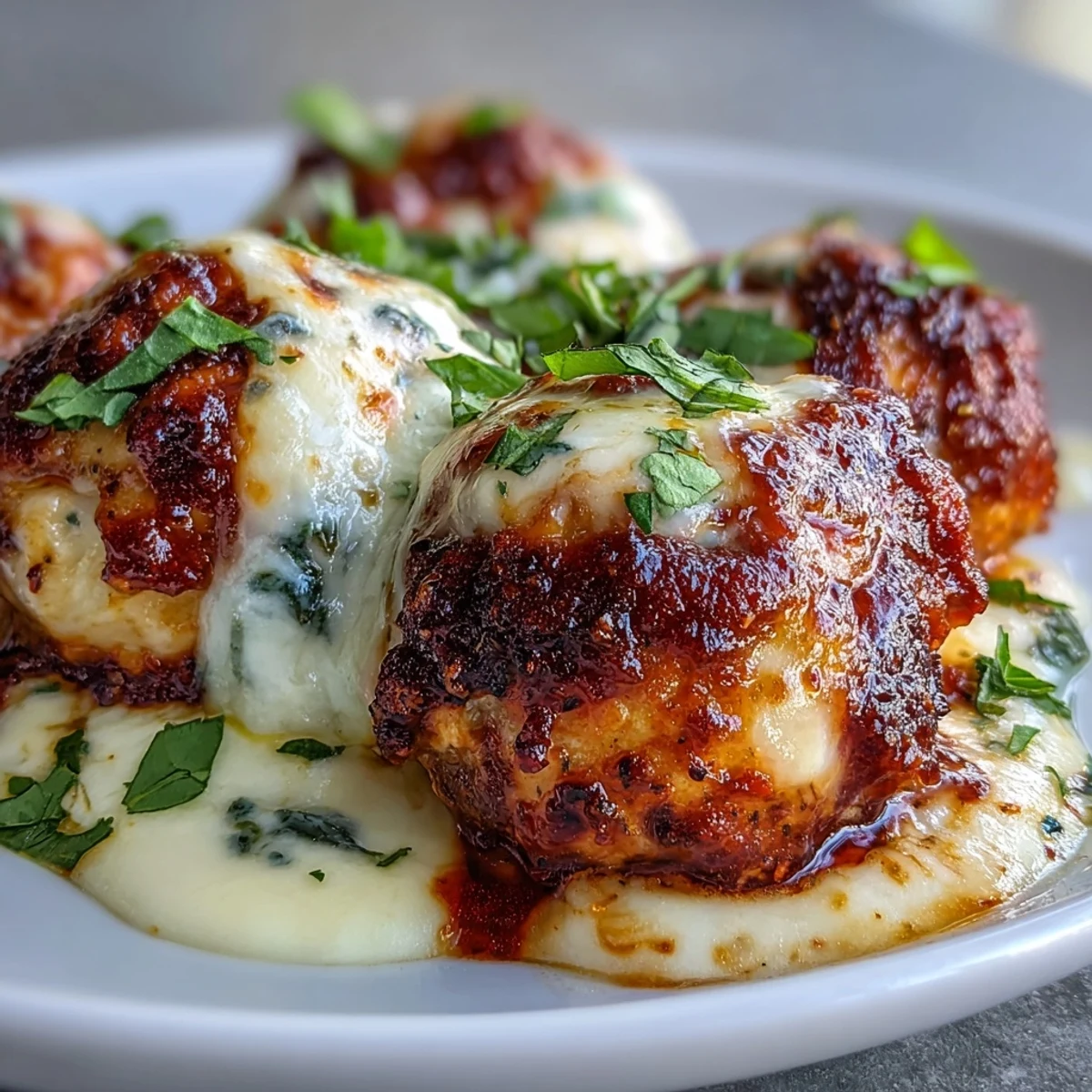 Golden-brown spicy chicken meatballs bake in zesty marinara, bubbling with melted mozzarella.