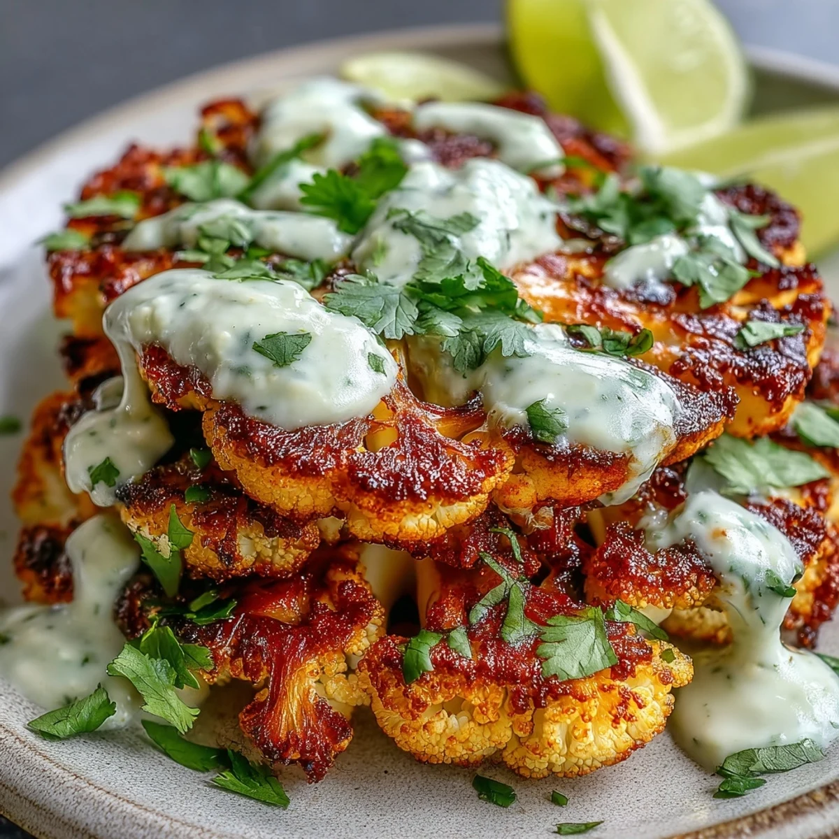 A fork lifts a bite of seasoned cauliflower steak topped with vibrant green avocado crema and cilantro.