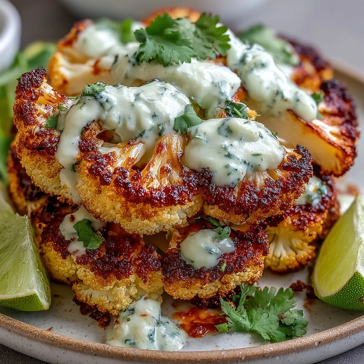 Plated Keto Chili Lime Cauliflower Steaks garnished with lime wedges and jalapeños, perfect for a low-carb dinner.