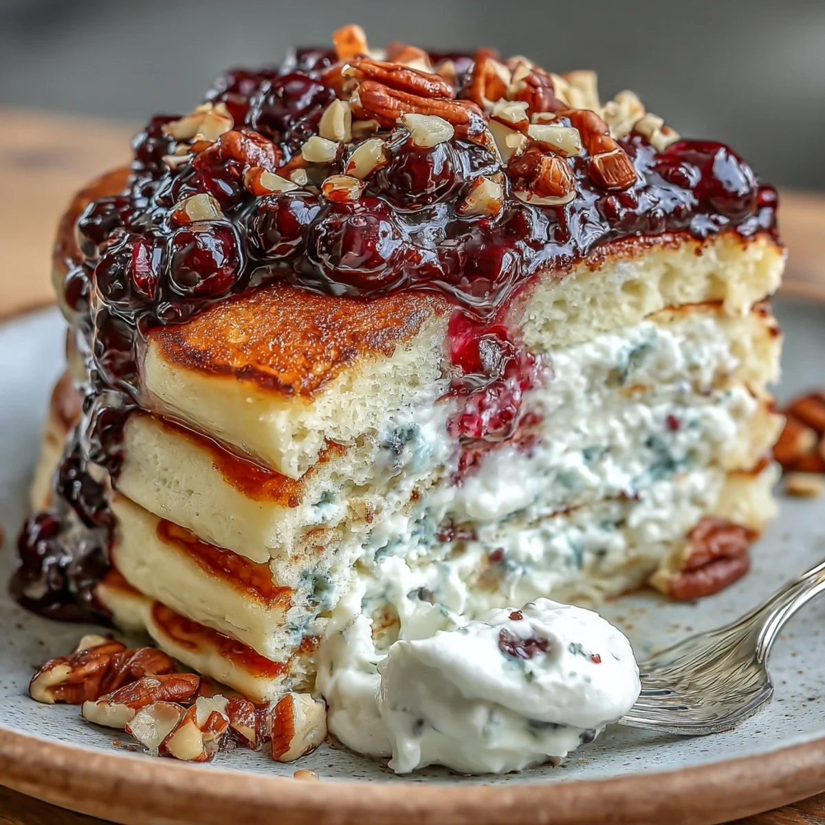 Steam rises from warm High-Protein Greek Yogurt Pancakes with Blueberry Compote served alongside a glass of fresh orange juice.