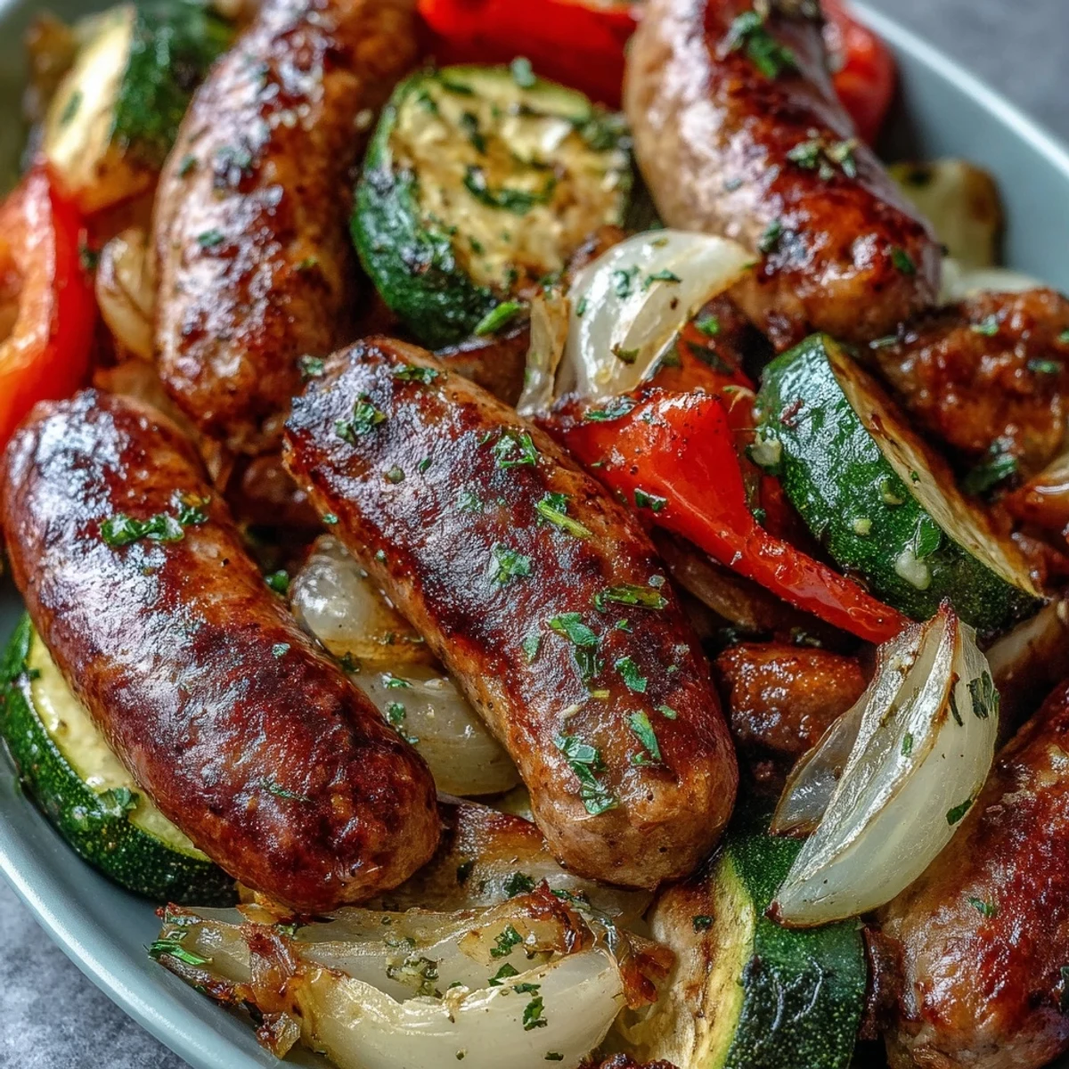 Golden-brown Italian sausages rest on roasted peppers and zucchini, fresh from the 425°F oven.
