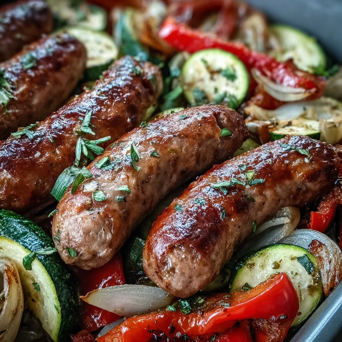 Herb-seasoned vegetables and juicy sausages create a colorful, gluten-free main dish ready for serving.