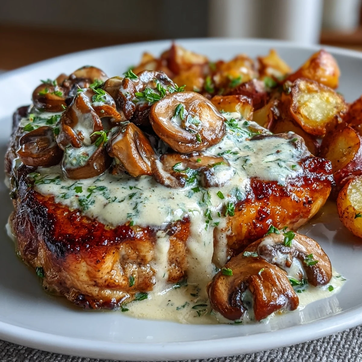 Keto Creamy Mushroom Pork Chops plated with a velvety mushroom sauce and bright, oven-roasted radishes for a low-carb dinner.