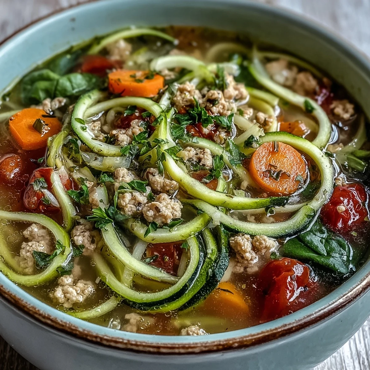 A close-up of Turkey and Veggie Zucchini Noodle Soup featuring lean turkey and colorful carrots in broth.