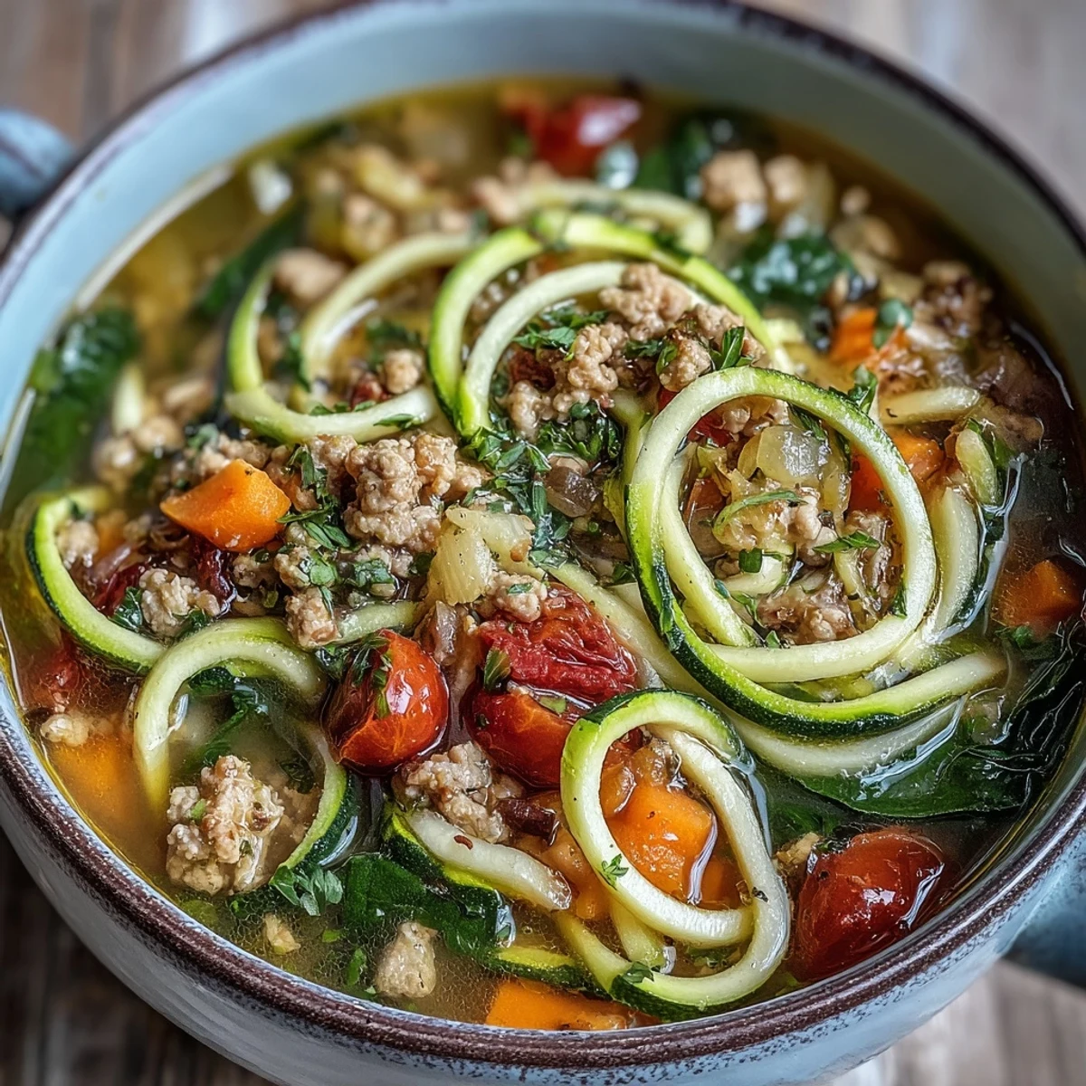 Healthy Turkey and Veggie Zucchini Noodle Soup served with a lemon wedge for extra zest.
