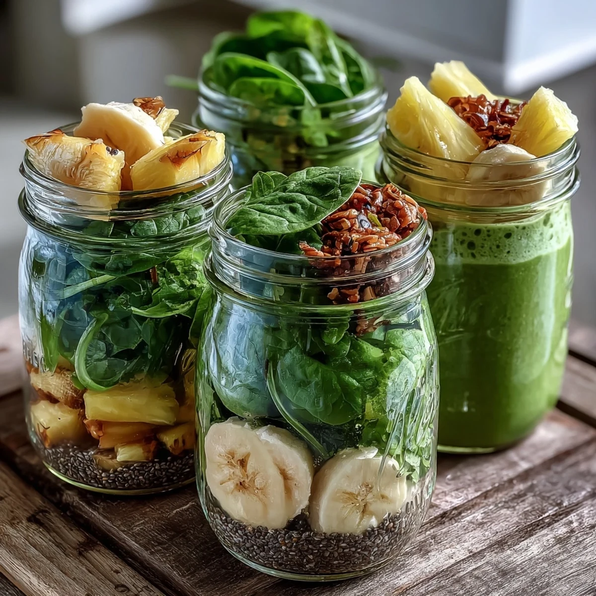 Sunlit Green Smoothie Meal Prep Jars with Pineapple and Spinach feature layered fresh fruit and vibrant greens.