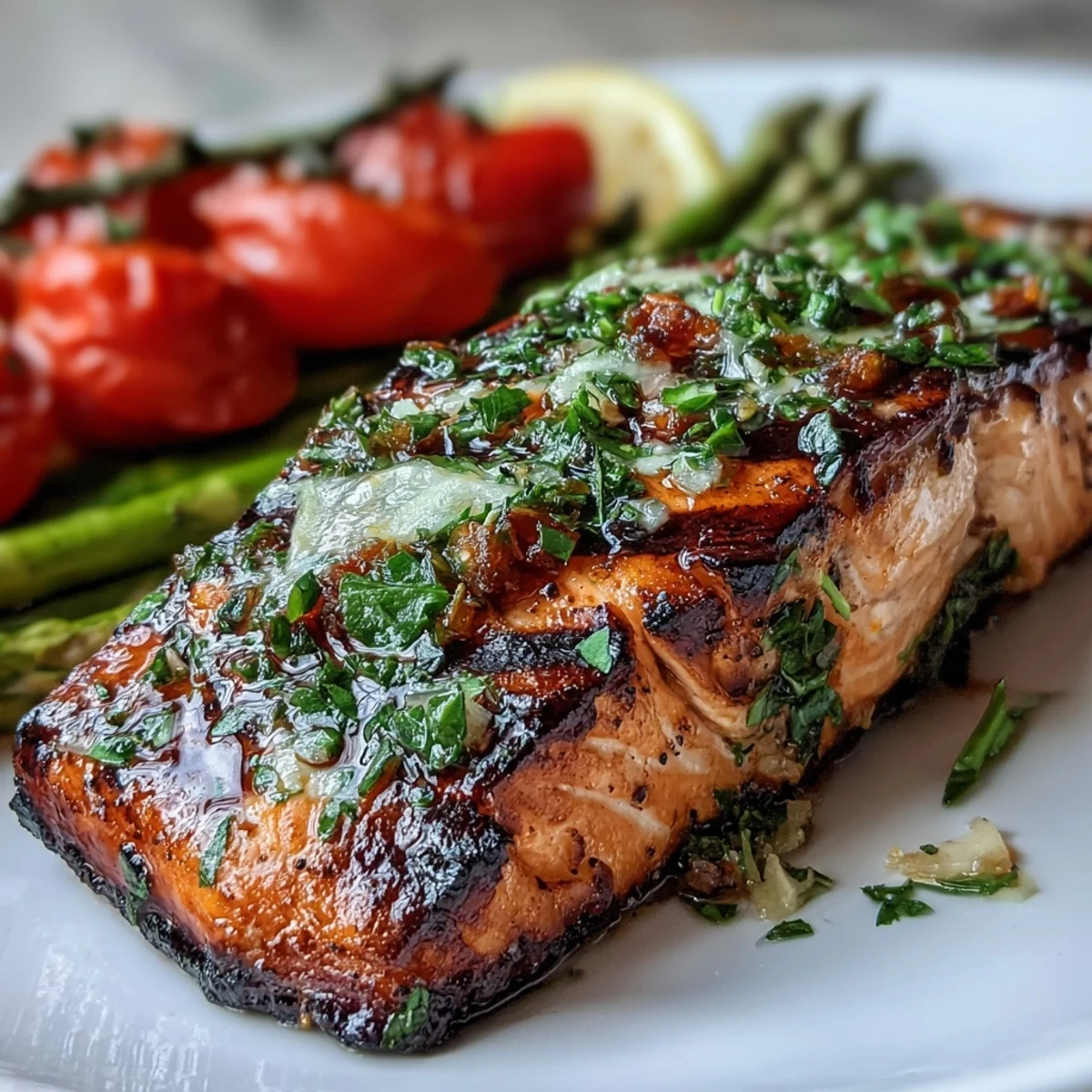 Grilled Lemon Herb Salmon fillets with blistered cherry tomatoes and tender asparagus spears on a platter, garnished with fresh herbs.