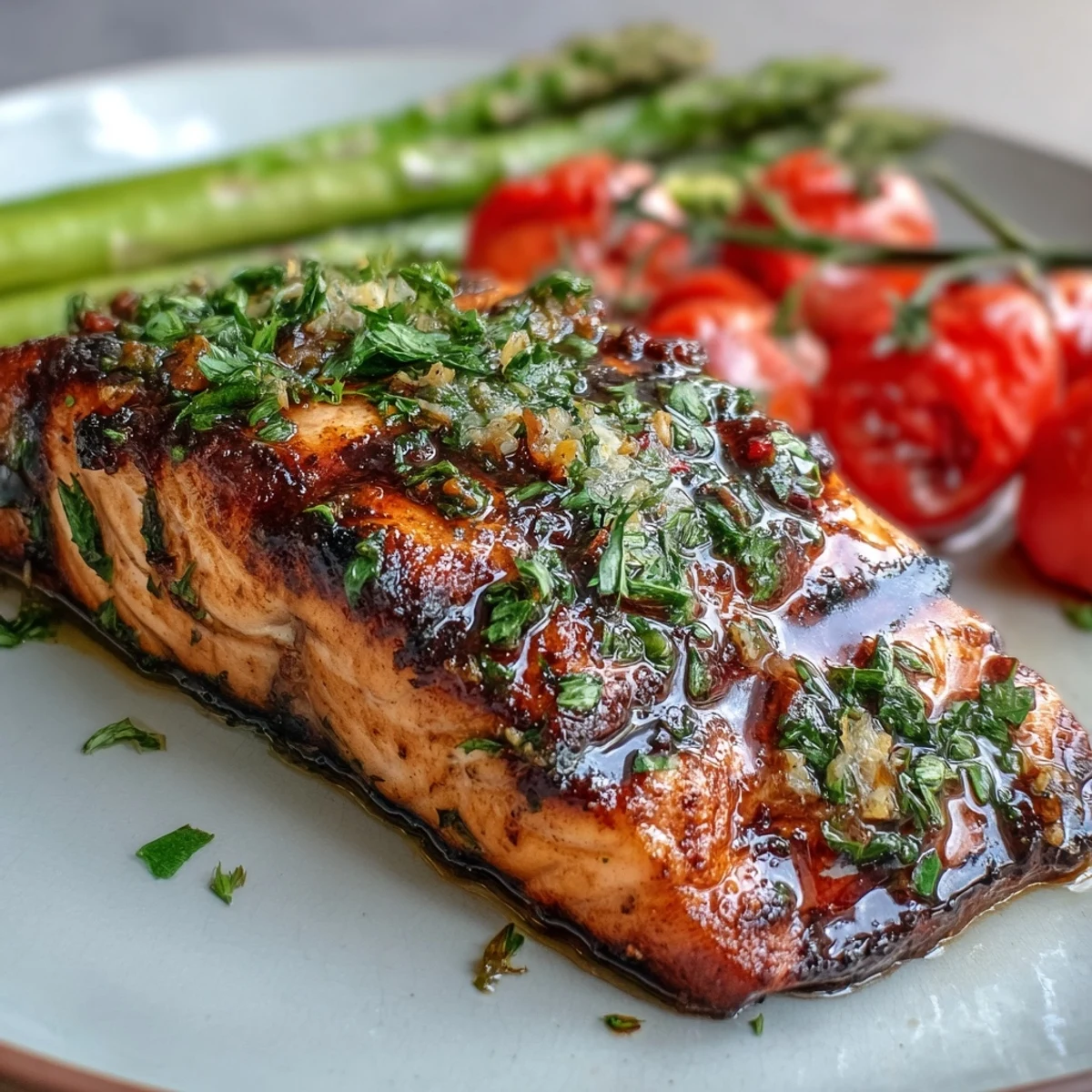 A close-up of marinated Grilled Lemon Herb Salmon, with charred asparagus spears and bright red cherry tomatoes sizzling on the grill.