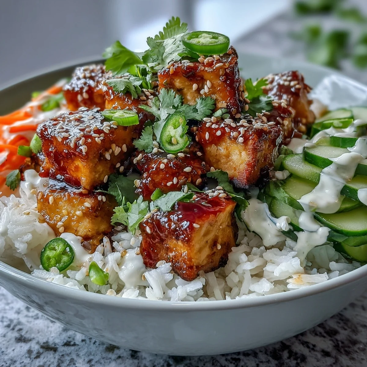 Crispy golden tofu cubes, vibrant pickled carrots, daikon, and cucumbers sit atop fluffy jasmine rice in these Vegan Crispy Tofu Banh Mi Bowls, drizzled with spicy sriracha mayo.