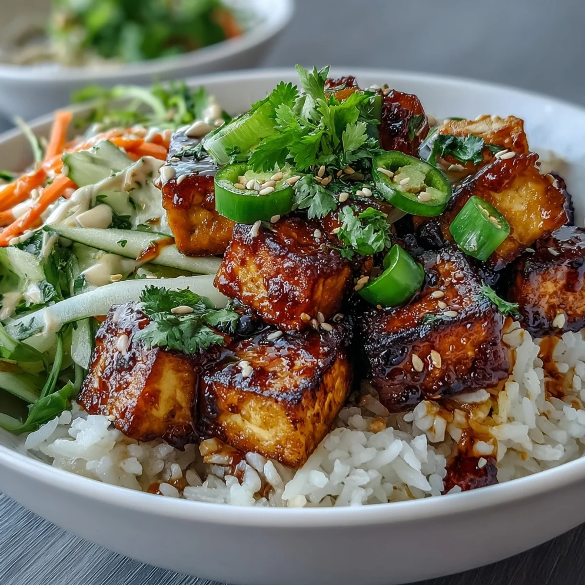 Cilantro and jalapeno garnish these deconstructed Vegan Crispy Tofu Banh Mi Bowls, featuring crunchy pickled veggies and savory tofu over a bed of aromatic jasmine rice.