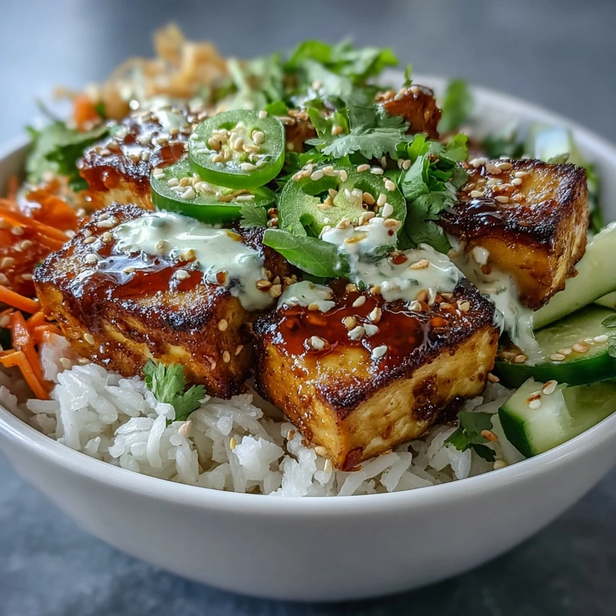 Close-up of a nutritious Vegan Crispy Tofu Banh Mi Bowl, highlighting the contrast between the crunchy tofu textures and the tangy, colorful pickled vegetable medley.