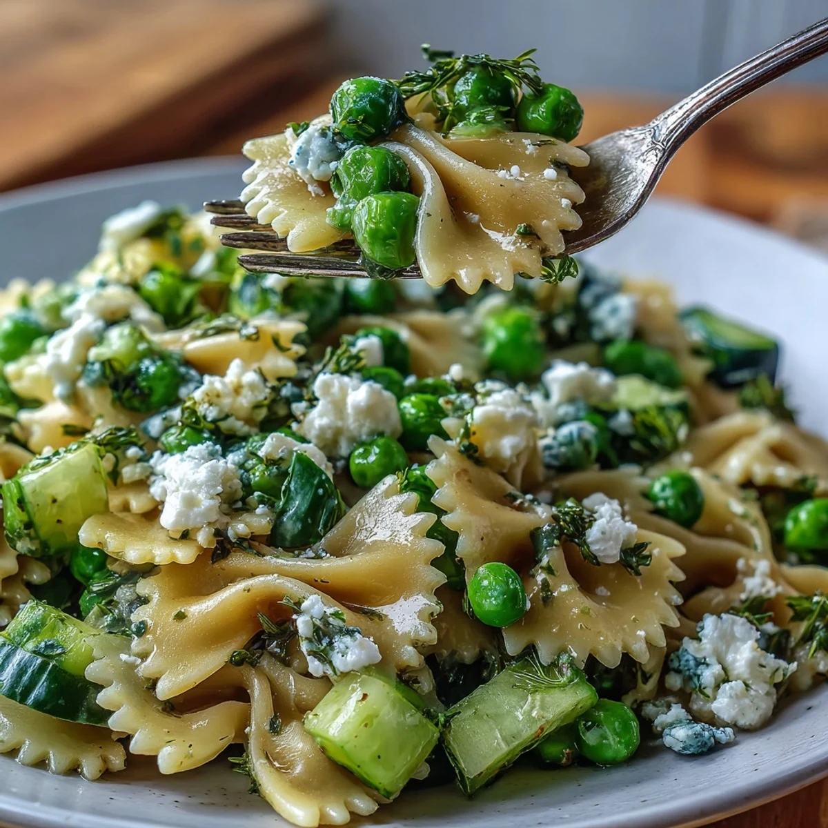 Fresh Spring Pea and Mint Pasta Salad with Lemon Vinaigrette showcases sweet peas, tender pasta, and crumbled feta on a plate.