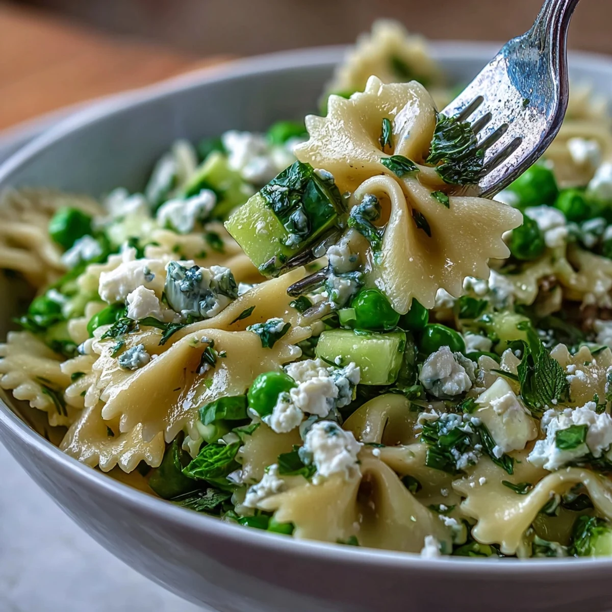 Close-up of Fresh Spring Pea and Mint Pasta Salad with Lemon Vinaigrette featuring vibrant green peas and fresh mint leaves.
