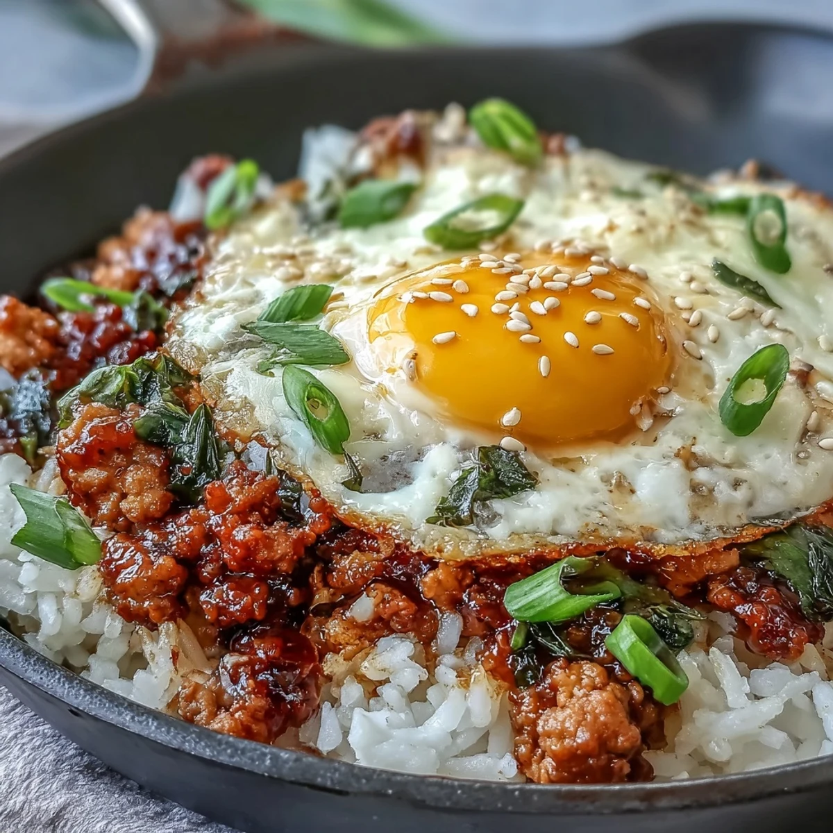 Creamy Korean Turkey Rice Skillet with ground turkey, vegetables, and a sweet-spicy sauce topped with jammy eggs. One-pan comfort meal with bold flavors.