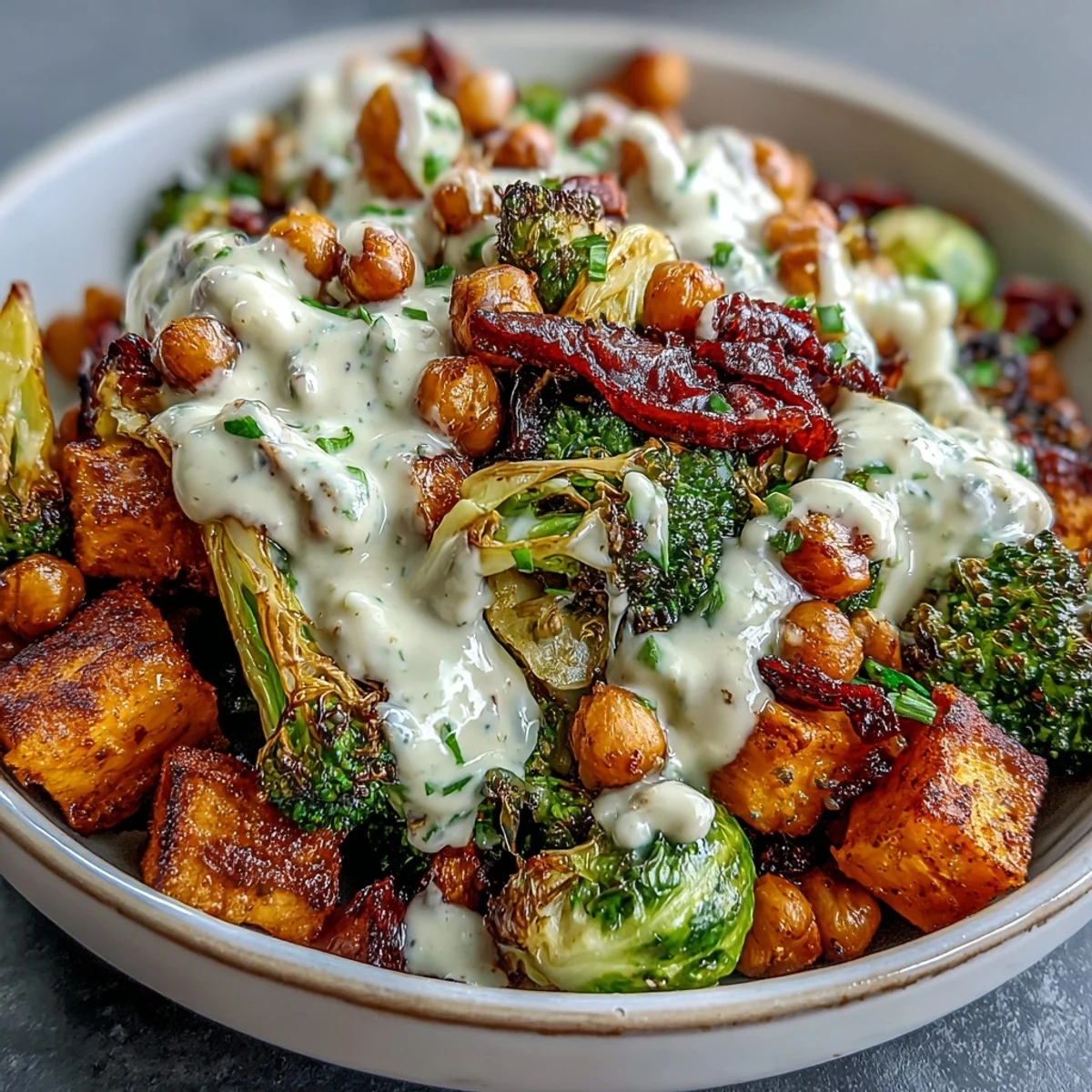 Roasted Veggie & Chickpea Bowls with Maple Dijon Tahini Dressing, featuring crispy chickpeas and caramelized vegetables.  