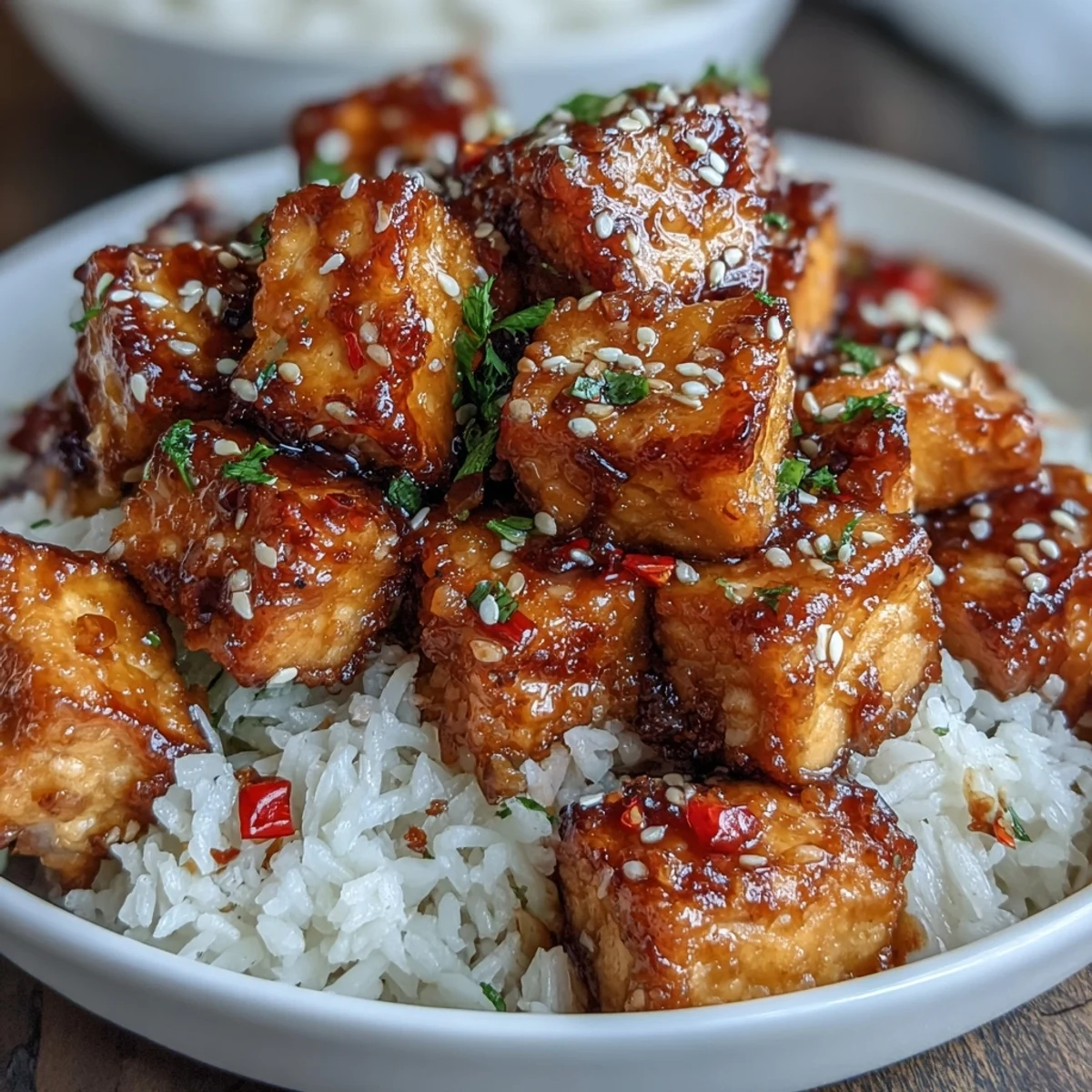 Crispy Sesame Tofu Fried Rice with golden tofu and vibrant vegetables in a savory sesame sauce.  