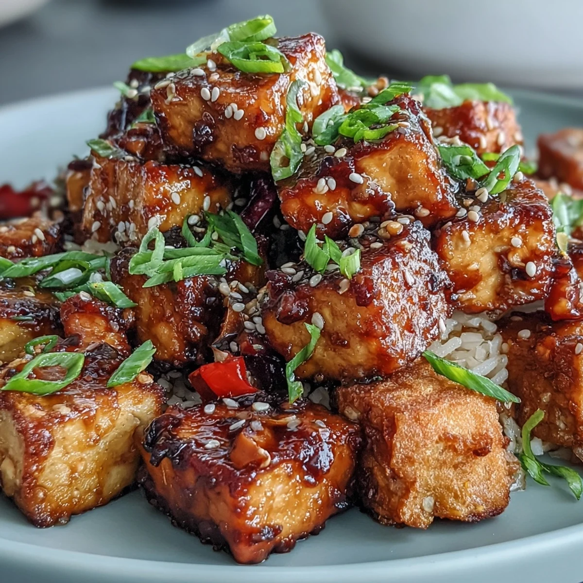 Wholesome vegetarian fried rice with golden tofu, crisp veggies, and a sweet-savory sesame glaze.