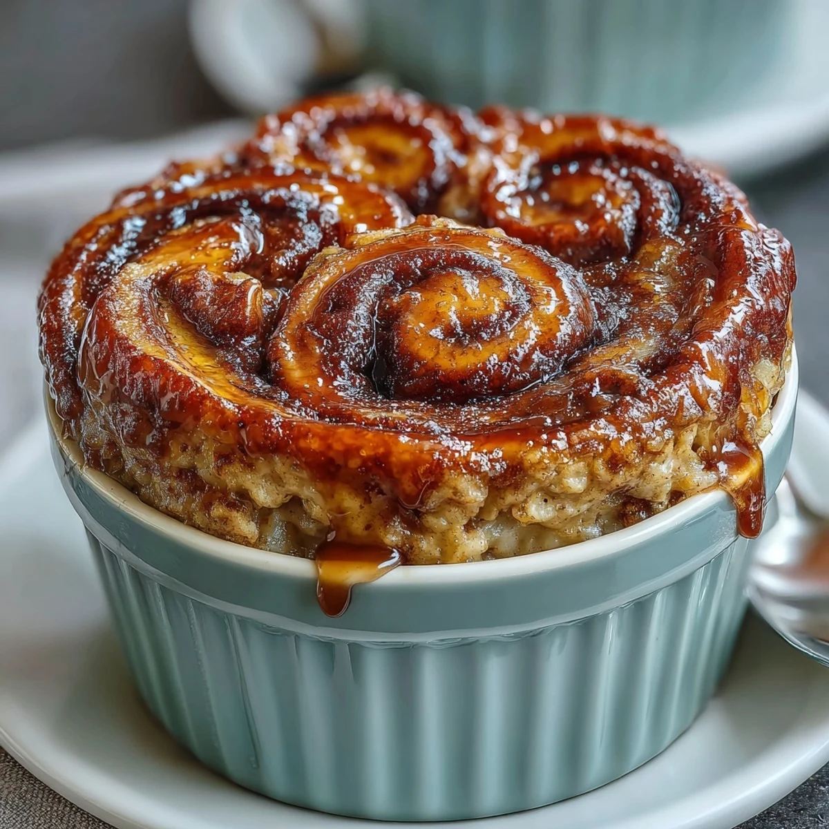 Fluffy cinnamon-swirled banana baked oats with maple syrup drizzle, a single-serve ramekin breakfast rich in protein and flavor.