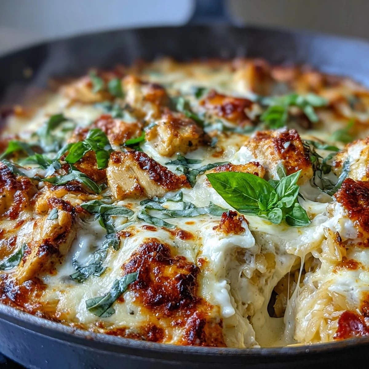 One-Pan Creamy Chicken Lasagna Orzo: A comforting skillet dinner with tender chicken, rich tomato sauce, melted mozzarella, and creamy ricotta, ready in 30 minutes.