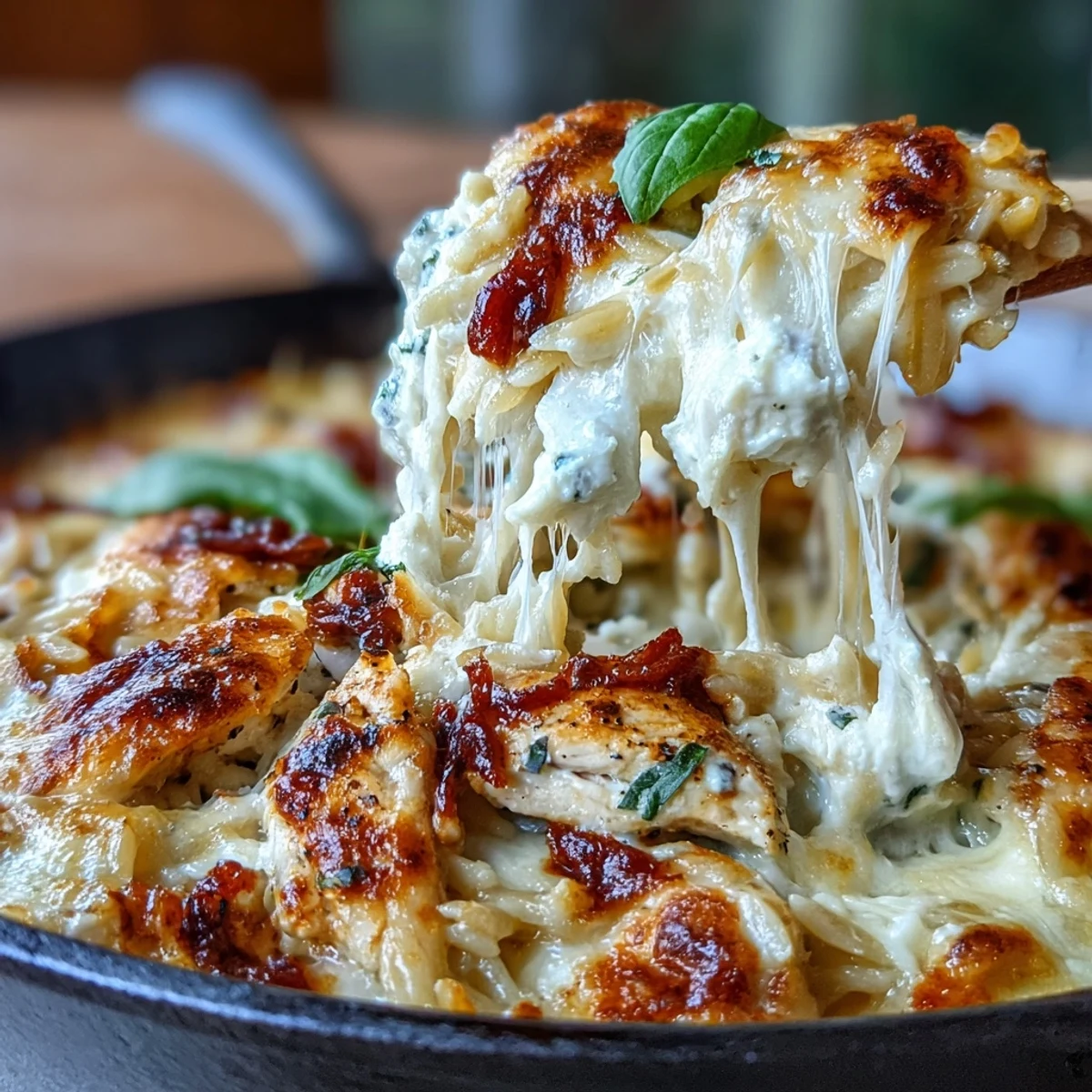One-Pan Creamy Chicken Lasagna Orzo: Savory Italian-American flavors in a quick, cheesy orzo skillet with juicy chicken, herbs, and gooey mozzarella for a cozy weeknight meal.
