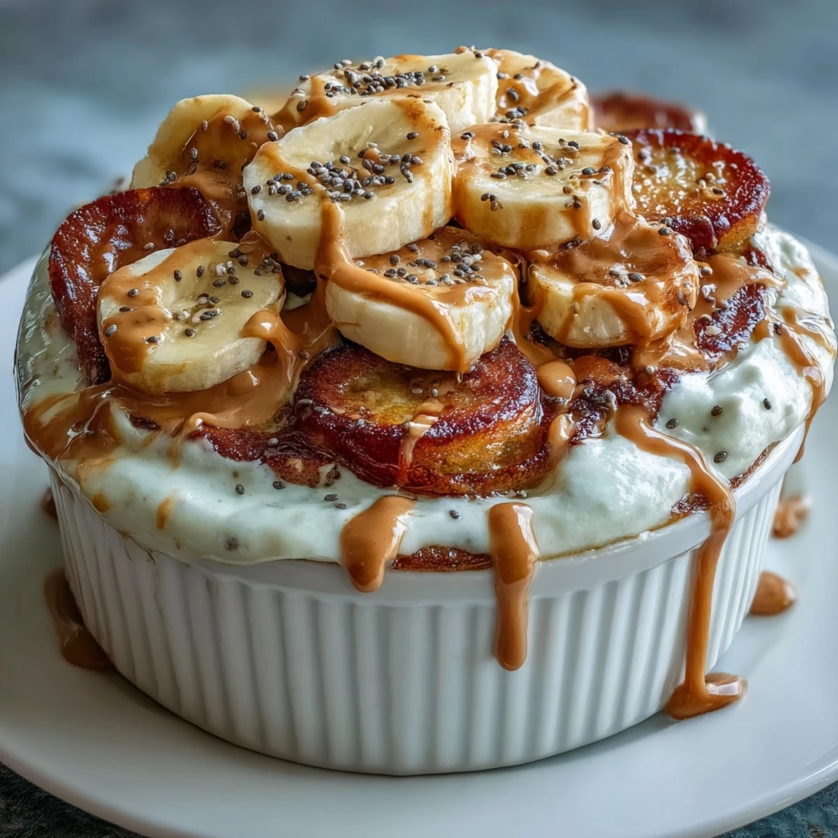 A hearty breakfast bowl with a baked protein pancake base, creamy Greek yogurt frosting, and fresh banana slices.  