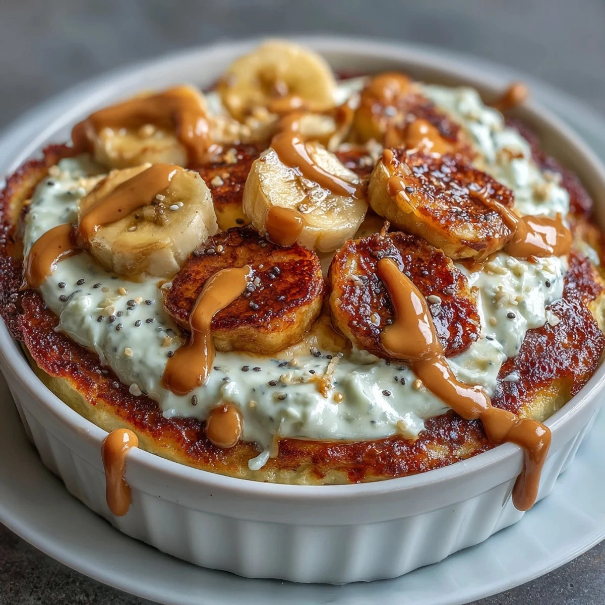 Indulgent yet nutritious, this high-protein breakfast pizza bowl features a golden pancake topped with peanut butter drizzle.  