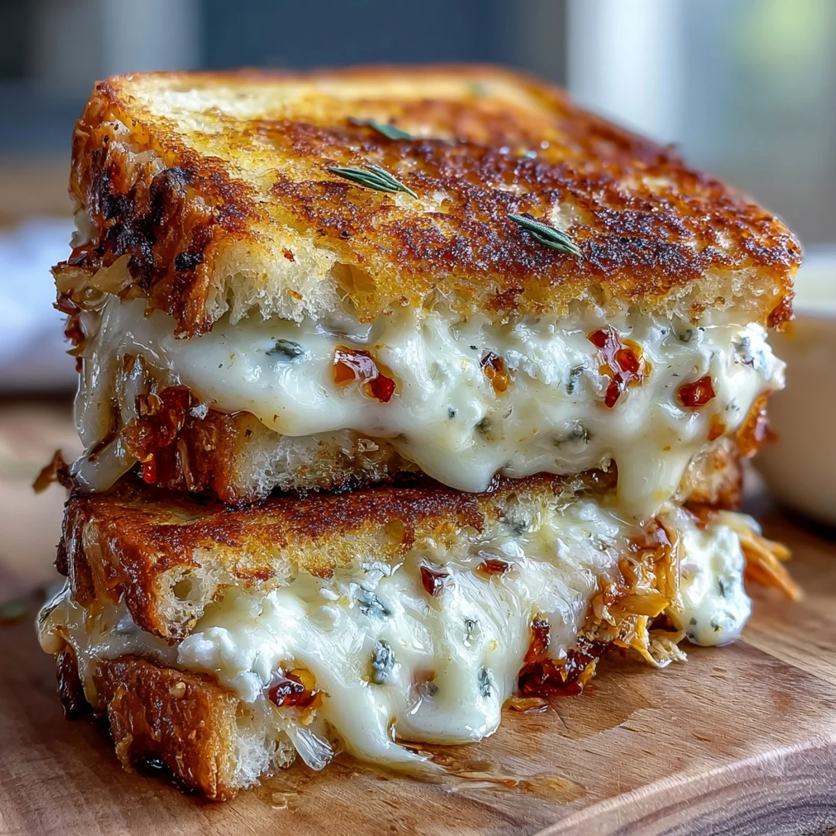 Crispy sourdough sandwich filled with tangy goat cheese, juicy chicken, and a bold drizzle of hot honey, perfect for lunch or dinner.