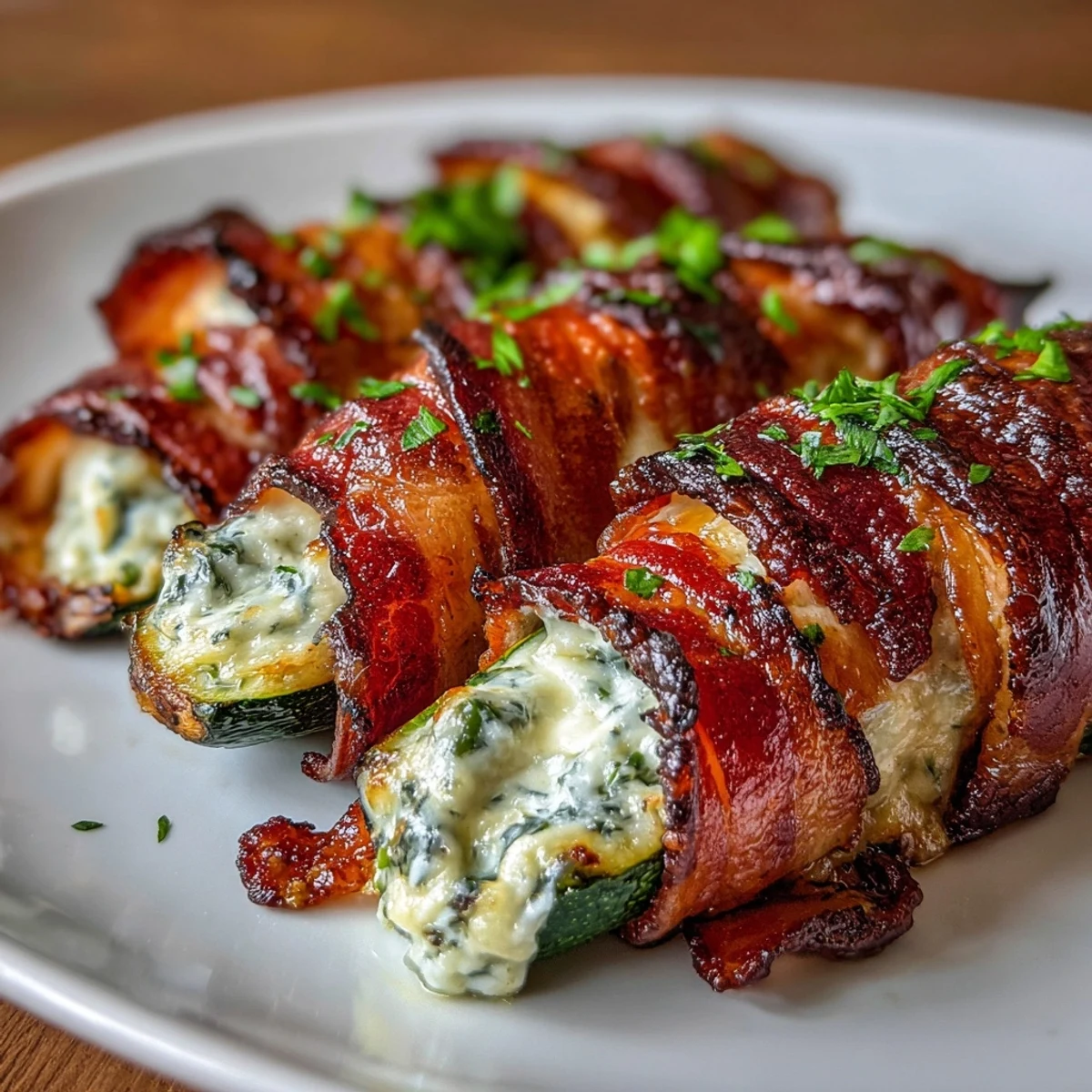Cheesy stuffed zucchini boats wrapped in bacon, offering a low-carb, keto-friendly dinner option.