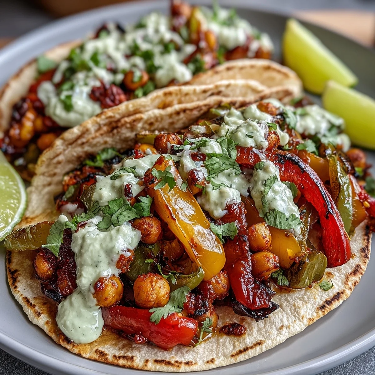 Sheet pan fajitas bursting with rainbow veggies and chickpeas, topped with tangy lime-avocado yogurt sauce.  