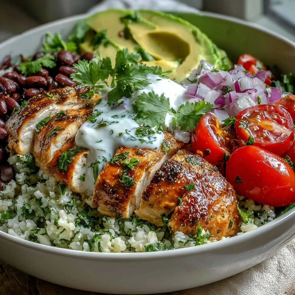Low-calorie burrito bowl featuring zesty cilantro-lime cauliflower rice, seasoned chicken breast, and colorful toppings for a healthy meal.  