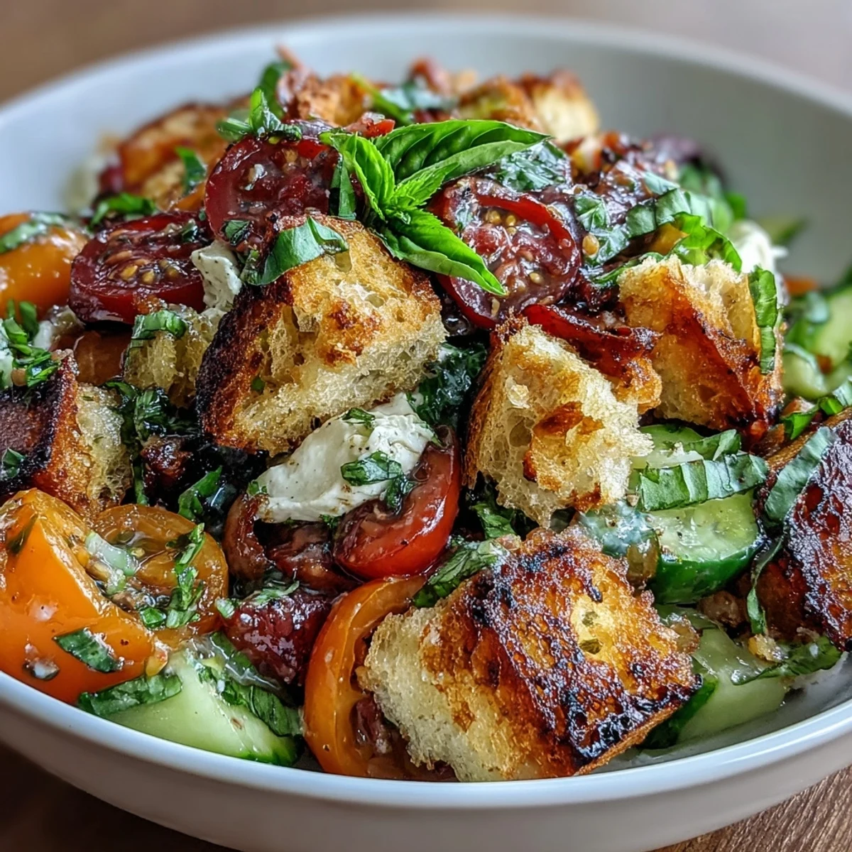 Colorful heirloom tomatoes and golden sourdough cubes are tossed with basil vinaigrette for a refreshing panzanella salad bursting with flavor.