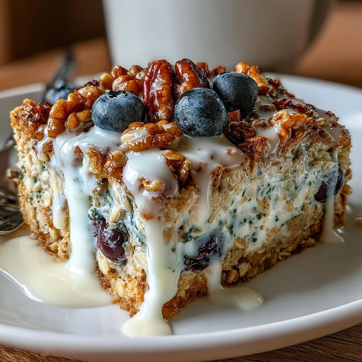 Wholesome blueberry oatmeal bake with creamy Greek yogurt swirl, perfect for a nutritious breakfast.  