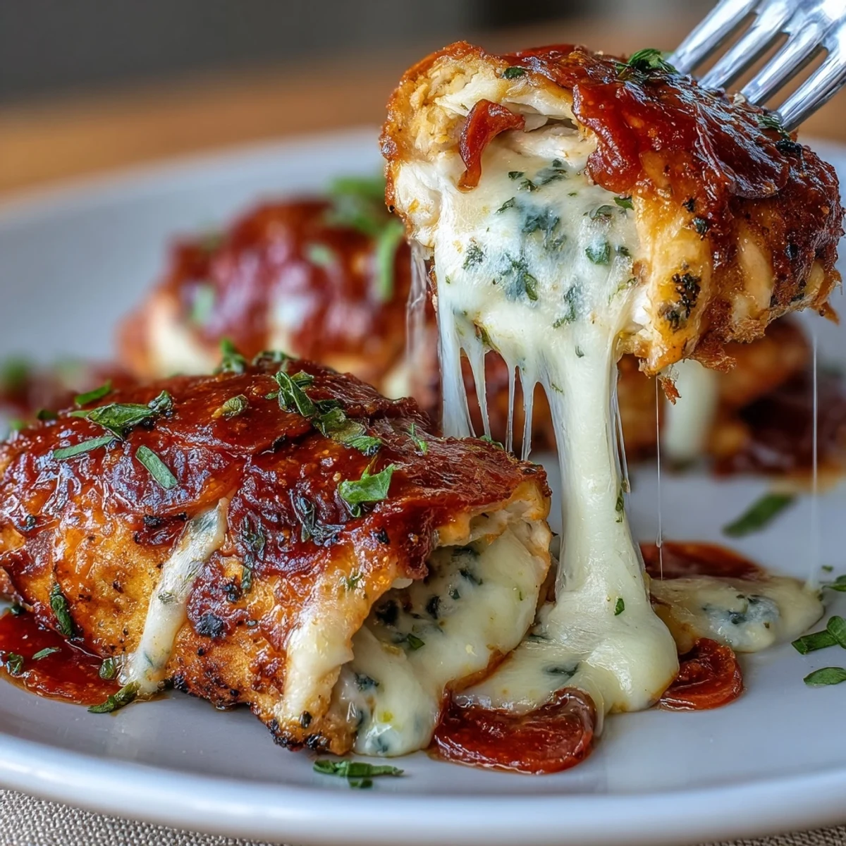 Keto pizza-stuffed chicken breasts with gooey mozzarella, pepperoni, and marinara baked until golden and bubbling.  