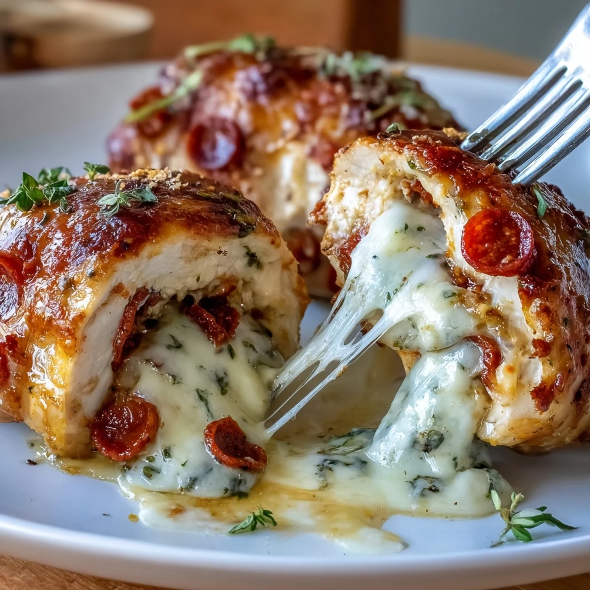 Juicy chicken breasts stuffed with mozzarella, pepperoni, and sugar-free marinara, topped with Parmesan for a keto-friendly twist.