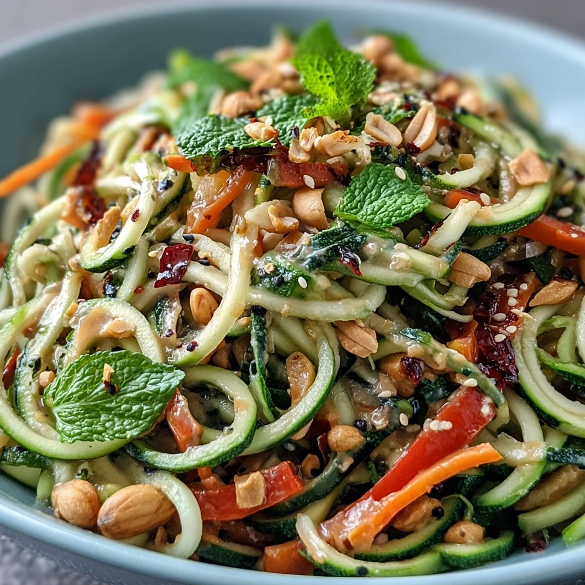 Fresh spiralized zucchini and crisp vegetable ribbons tossed in tangy Thai peanut sauce, topped with roasted peanuts.  