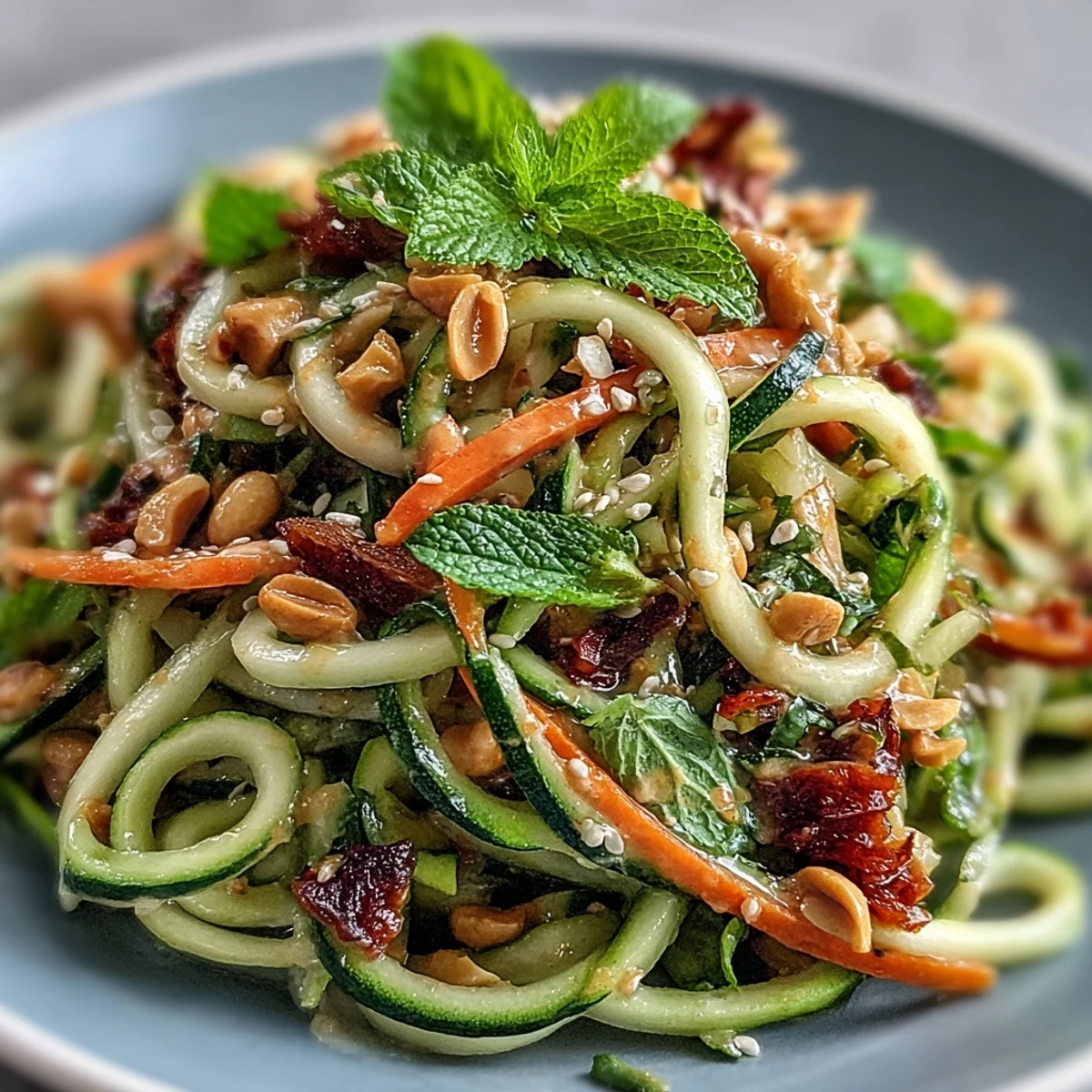 Vibrant vegan Thai peanut zucchini noodle salad with colorful crunchy veggie ribbons and creamy dressing.  