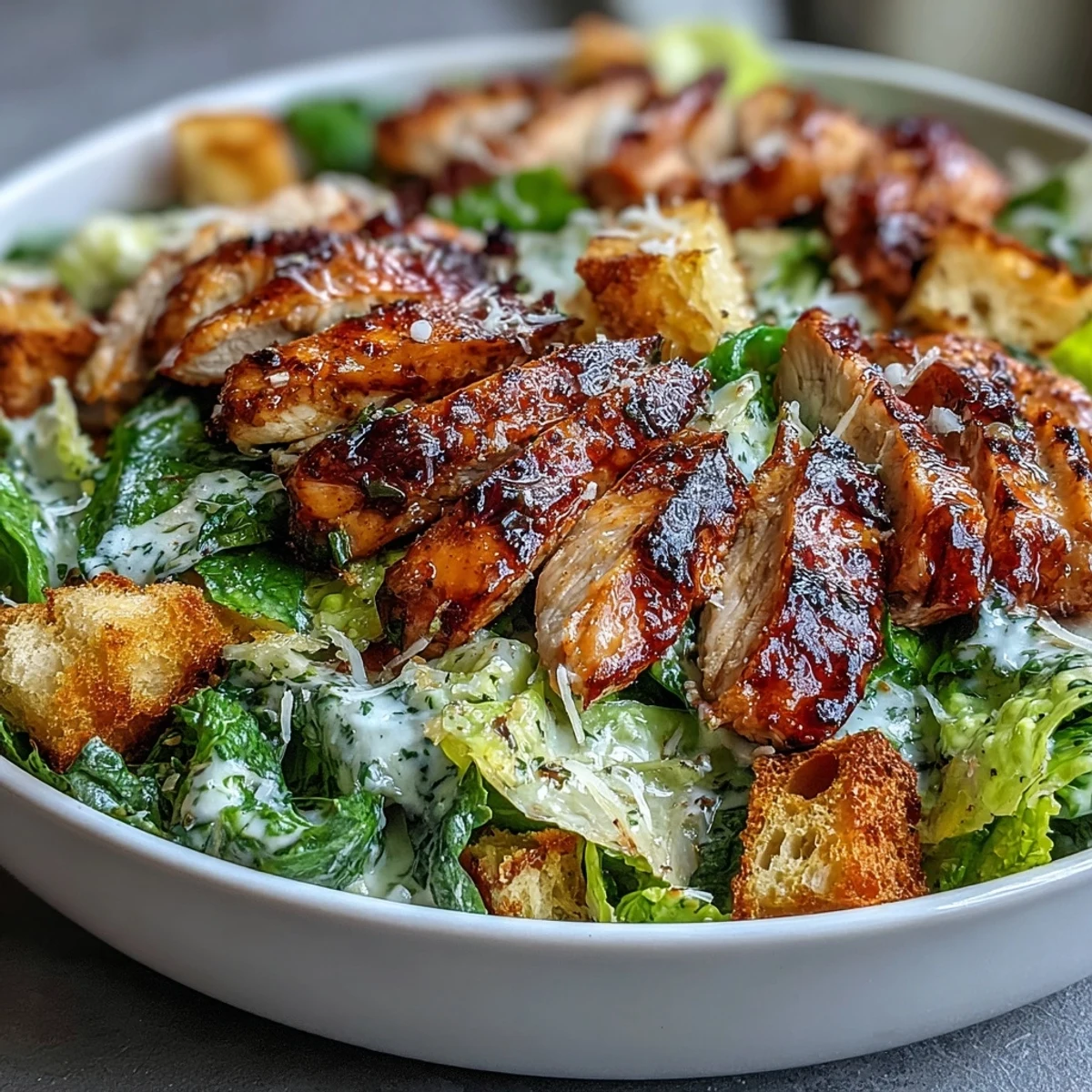 Grilled Chicken Caesar Salad with Greek Yogurt Dressing and Sourdough Croutons, featuring juicy chicken, crisp romaine, and crunchy homemade sourdough croutons.  