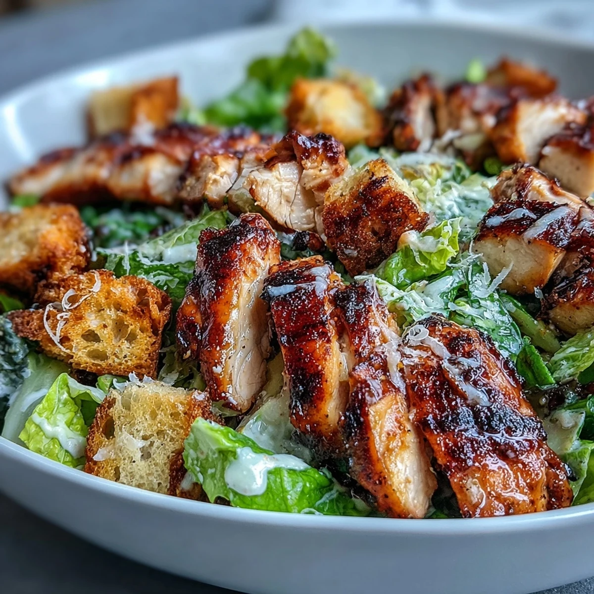 Classic Caesar salad gets a healthy upgrade with grilled chicken, creamy Greek yogurt dressing, and crunchy sourdough croutons.