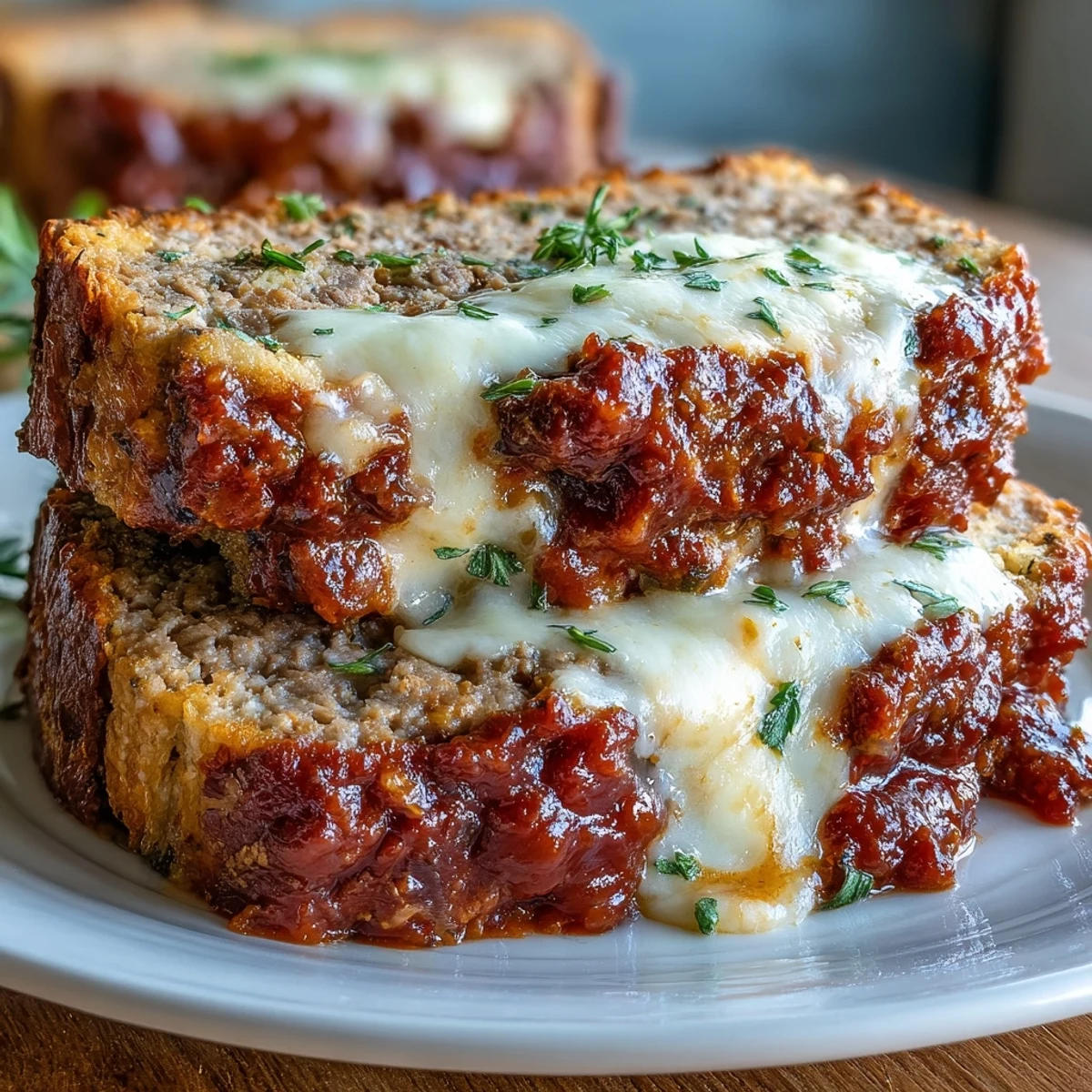 Italian meatloaf with mozzarella cheese baked in marinara sauce, featuring juicy ground beef and melted cheese topping.  