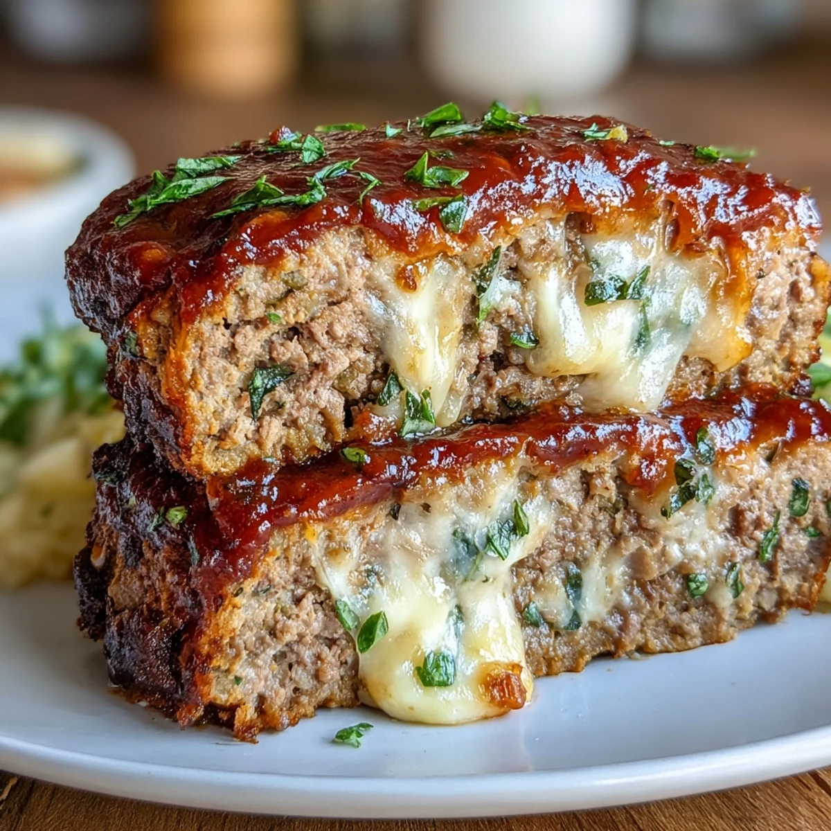 Juicy Italian meatloaf layered with marinara and mozzarella cheese, creating a golden bubbly cheese crust in the oven.