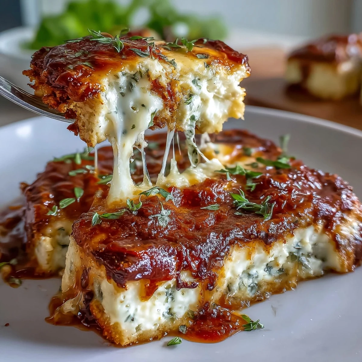 A bubbling pizza-style cottage cheese bake with melted mozzarella, rich tomato sauce, and fresh basil garnish.