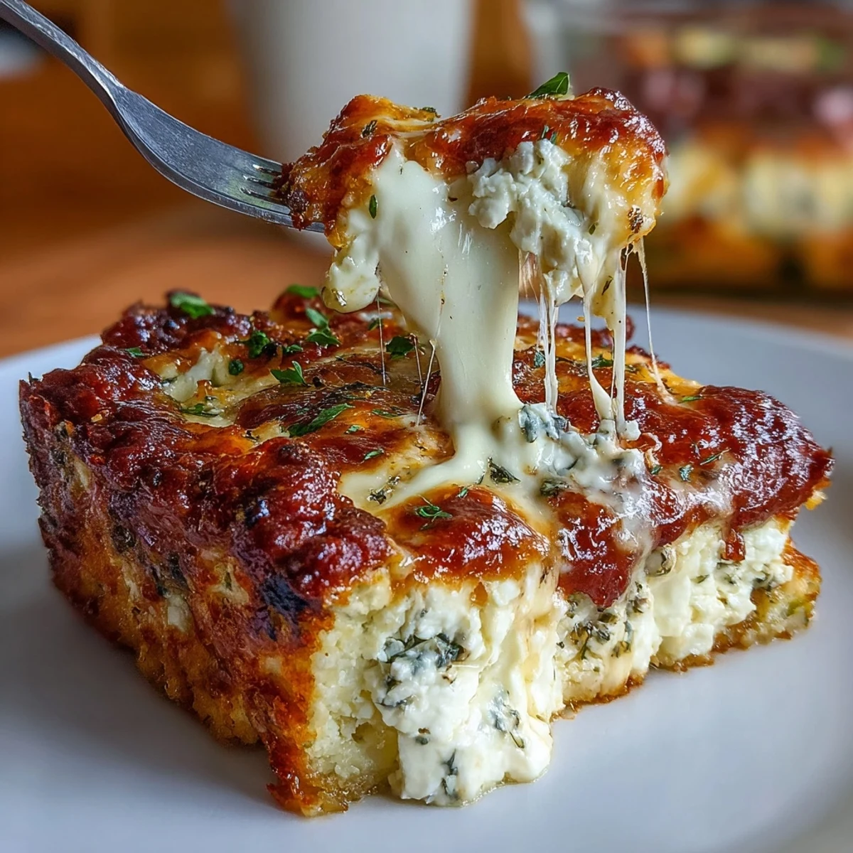 Cheesy cottage cheese casserole layered with savory marinara, herbs, and golden-brown mozzarella topping.