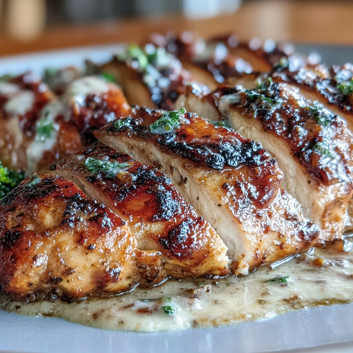 Juicy grilled chicken slices over fresh broccoli, topped with luscious creamy garlic sauce for a low-carb meal.