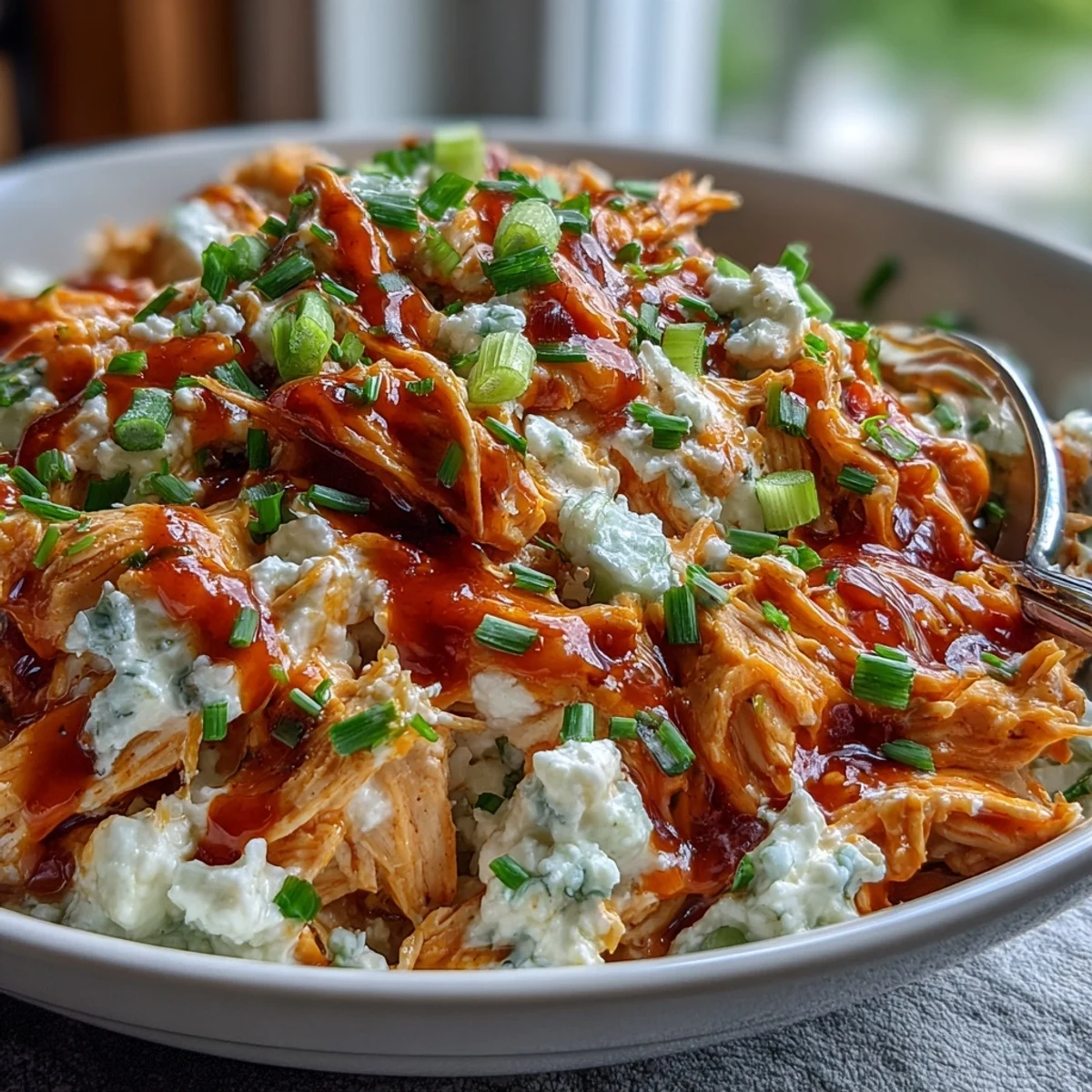 Buffalo chicken salad with cottage cheese in a white bowl, garnished with celery and served with crackers.  