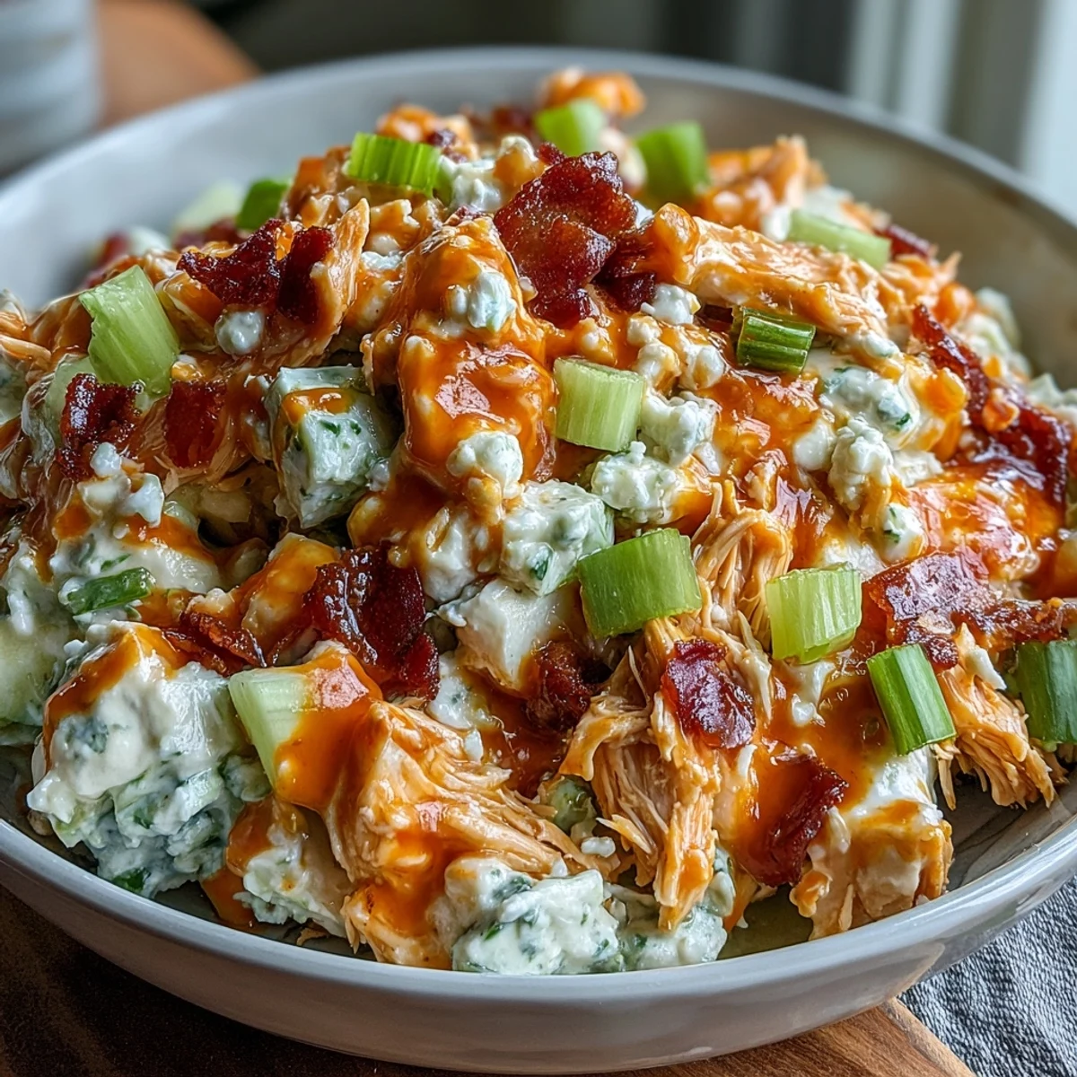 High-protein buffalo chicken salad with Greek yogurt dressing, served chilled with fresh vegetable crudités for dipping.
