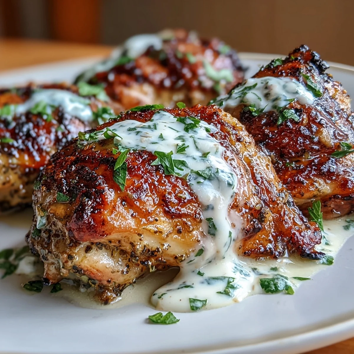 Juicy, bone-in chicken thighs seasoned with zaatar spice, roasted until golden, and topped with a velvety garlic tahini drizzle for a bold Middle Eastern meal.