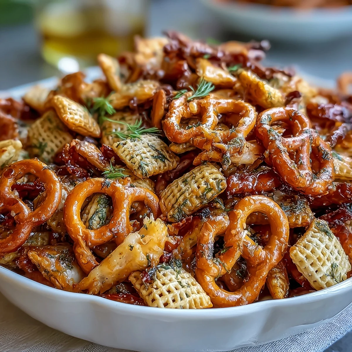 Irresistible Dill Pickle Chex Mix featuring Rice and Corn Chex, pretzels, and bagel chips, baked to crispy perfection with savory dill seasoning.