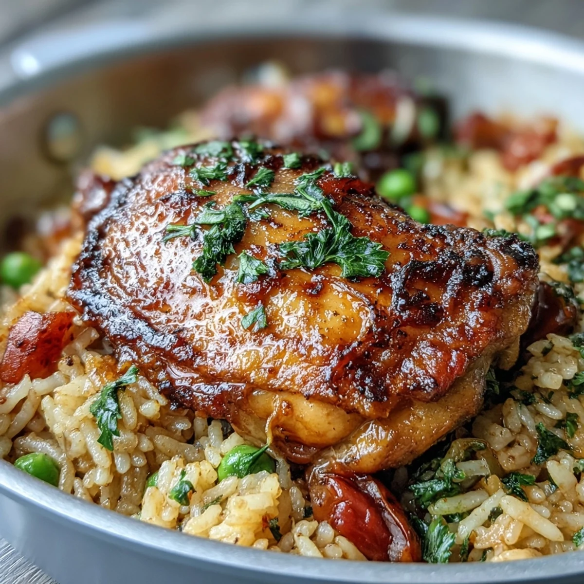Spicy Nandos-style Portuguese chicken and rice with peas, garlic, and a drizzle of Perinaise sauce.